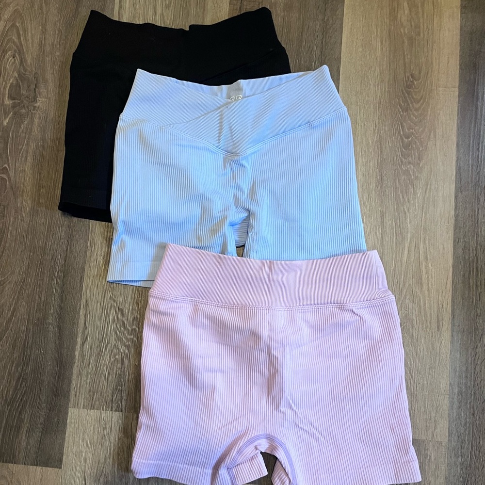 Ribbed High-Waist Bike Shorts - Black, Light Blue, Pink